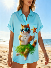 Women's Moisture-wicking  Fun Dancing Hula Cat Beach Chest Pocket Hawaiian Shirt