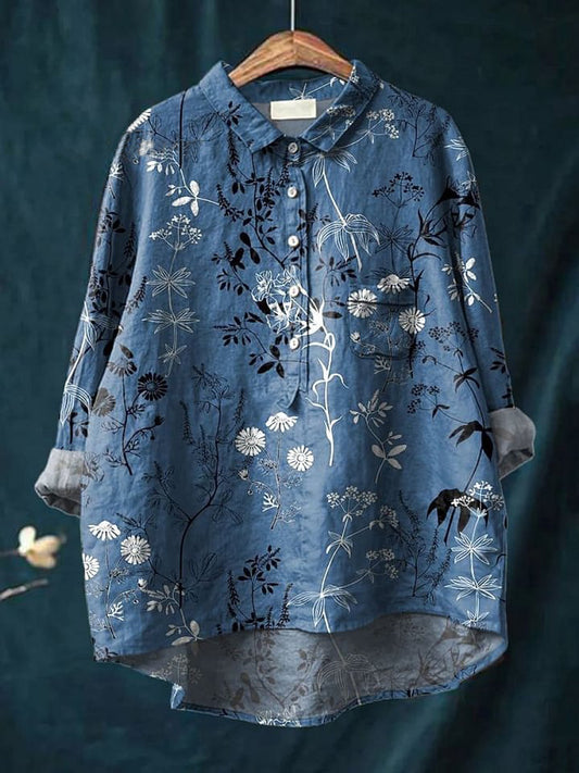 Women's Vintage Floral Art Print Casual Cotton And Linen Shirt