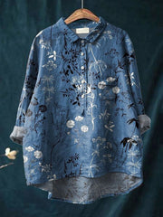 Women's Vintage Floral Art Print Casual Cotton And Linen Shirt