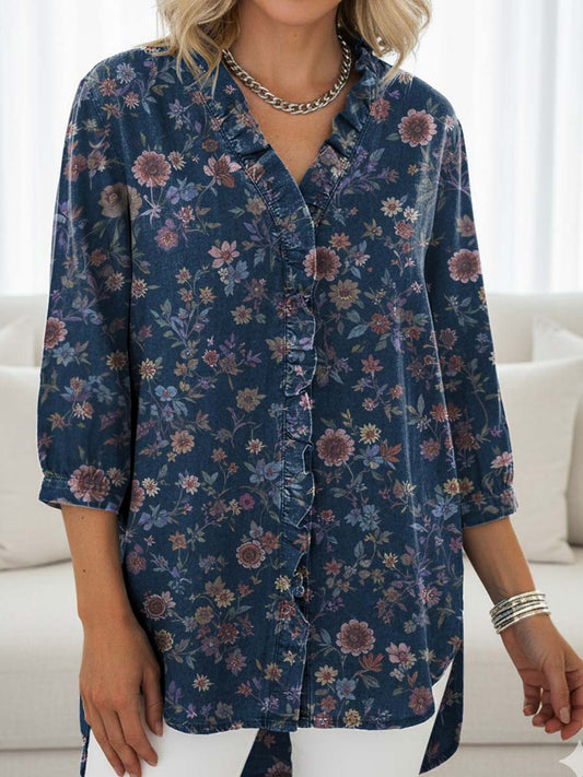Women's Vintage Flower Print Casual Ruffled Denim Shirt