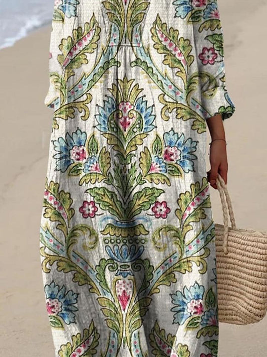 Women's Vintage Lovely Floral Art Print Flowy Dress