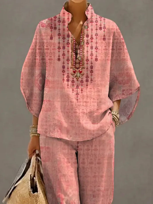 Women's Retro Floral Art Print Casual 3/4 Sleeve Top And Pants Cotton Linen Suits