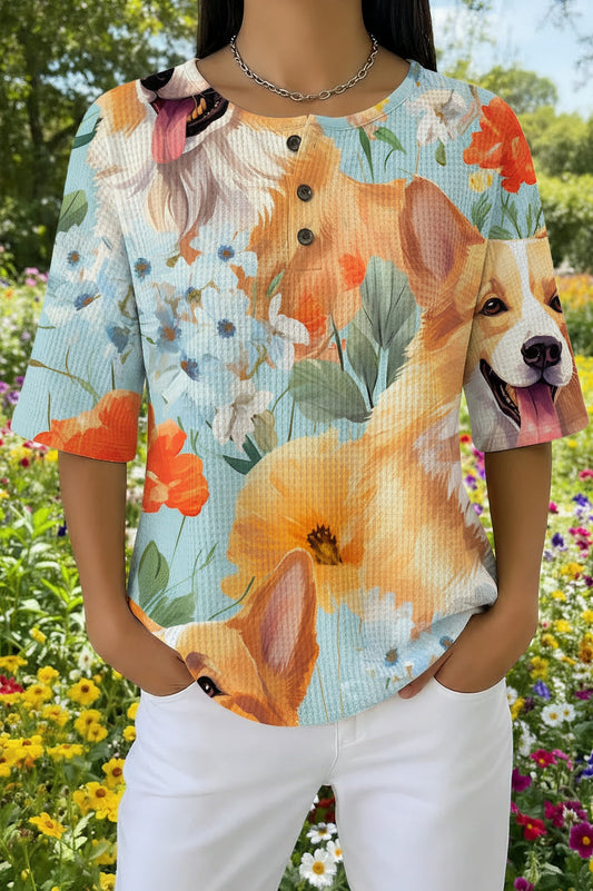 Womens Mint Green Puppy Floral Print Casual Waffle Cotton Shirt