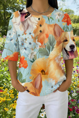 Womens Mint Green Puppy Floral Print Casual Waffle Cotton Shirt