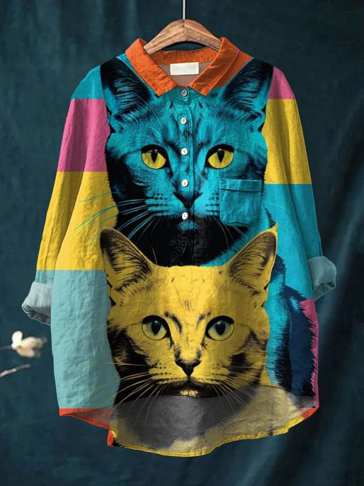 Cat Print Casual Cotton And Linen Shirt
