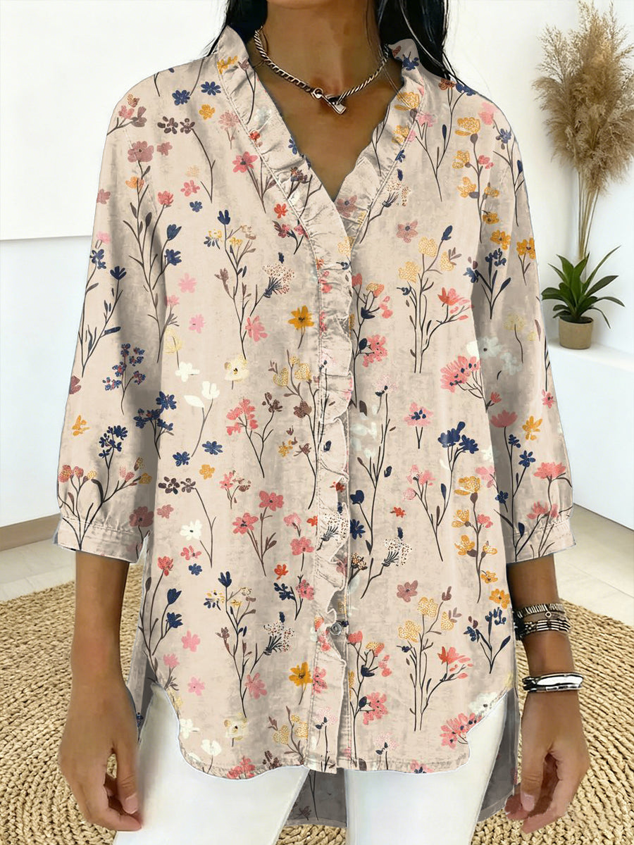 Women's Vintage Flower Print Casual Ruffled Shirt