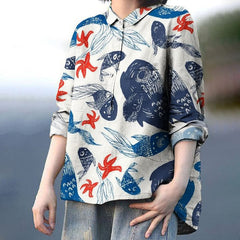 Women's Colorblock Fish Print Casual Linen Shirt