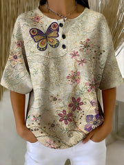 Women's Vintage Hippie Flowers And Butterflies Pattern Printed Casual Cotton Waffle Knit Sweatshirt