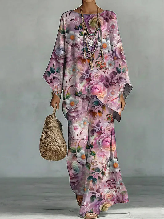 Women's Vintage Floral Art Comfortable Loose Cotton Linen Wide-leg Pants Two-piece Set