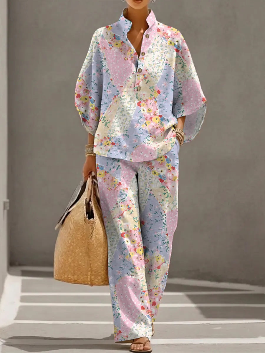 Women's Retro Floral Art Print Casual 3/4 Sleeve Top And Pants Cotton Linen Suits