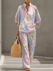 Women's Retro Floral Art Print Casual 3/4 Sleeve Top And Pants Cotton Linen Suits