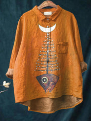 Fish Moon Art Pattern Print Casual Cotton And Linen Shirt