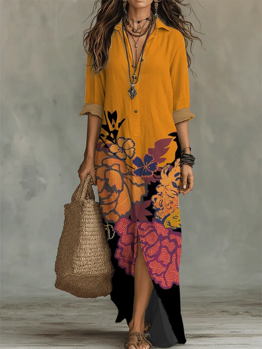 Women's Retro Floral Art Print Casual Long Sleeve Cotton Dress