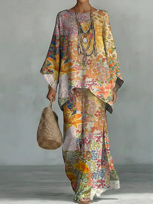Women's Vintage Floral Art Comfortable Loose Cotton Linen Wide-leg Pants Two-piece Set