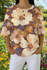 Womens Brown Vintage Large Flower Print Casual Waffle Cotton Shirt
