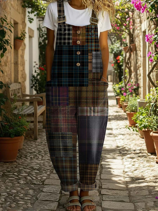 Women's Patchwork Vintage Print Casual Denim Jumpsuit