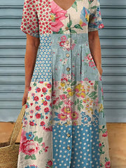Women's Retro Floral Art Pattern Print Casual Linen Pocket Tunic Dress