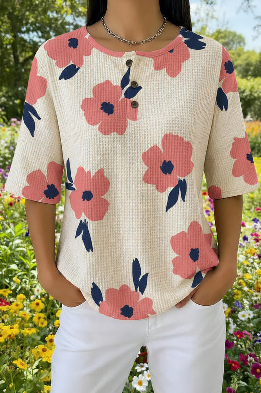 Womens Soft Pink Abstract Floral Print Casual Waffle Cotton Shirt