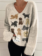 Women's Lovely Dogs Art Print Casual V-neck Pullover Knit