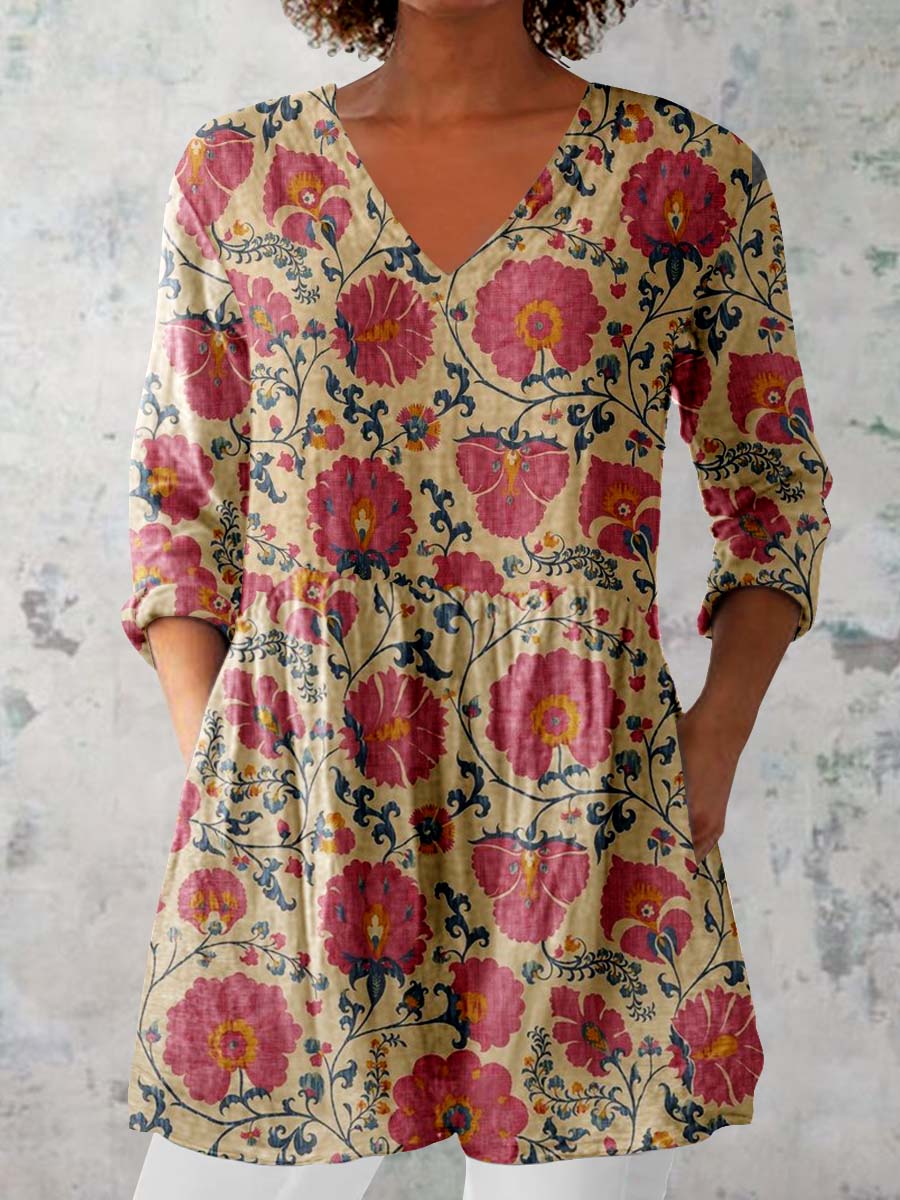 Women's Floral Pattern V-neck Top