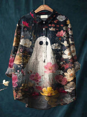 Women's Halloween  Ghost Art Print Casual Cotton And Linen Shirt