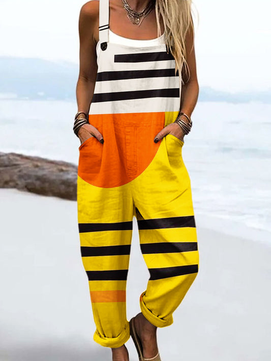 Women's Vintage Abstract Geometric Color Blocks Art Print Casual Cotton Wide Leg Jumpsuit