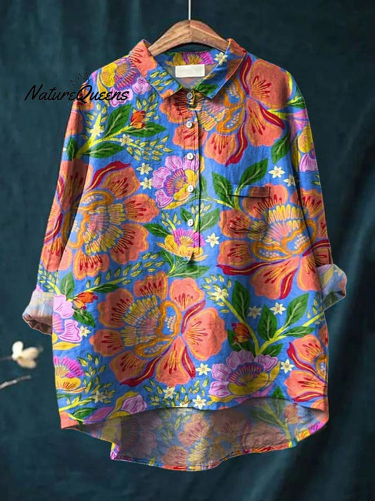 Women's Vintage Lovely Floral Art Print Casual Cotton And Linen Shirt