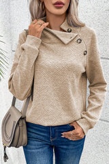 Apricot Asymmetric Buttons Textured High Neck Sweatshirt