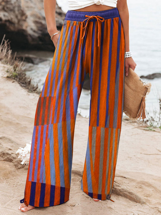 Women's Vintage Colorblock Striped Art Print Cotton And Linen Casual Pants
