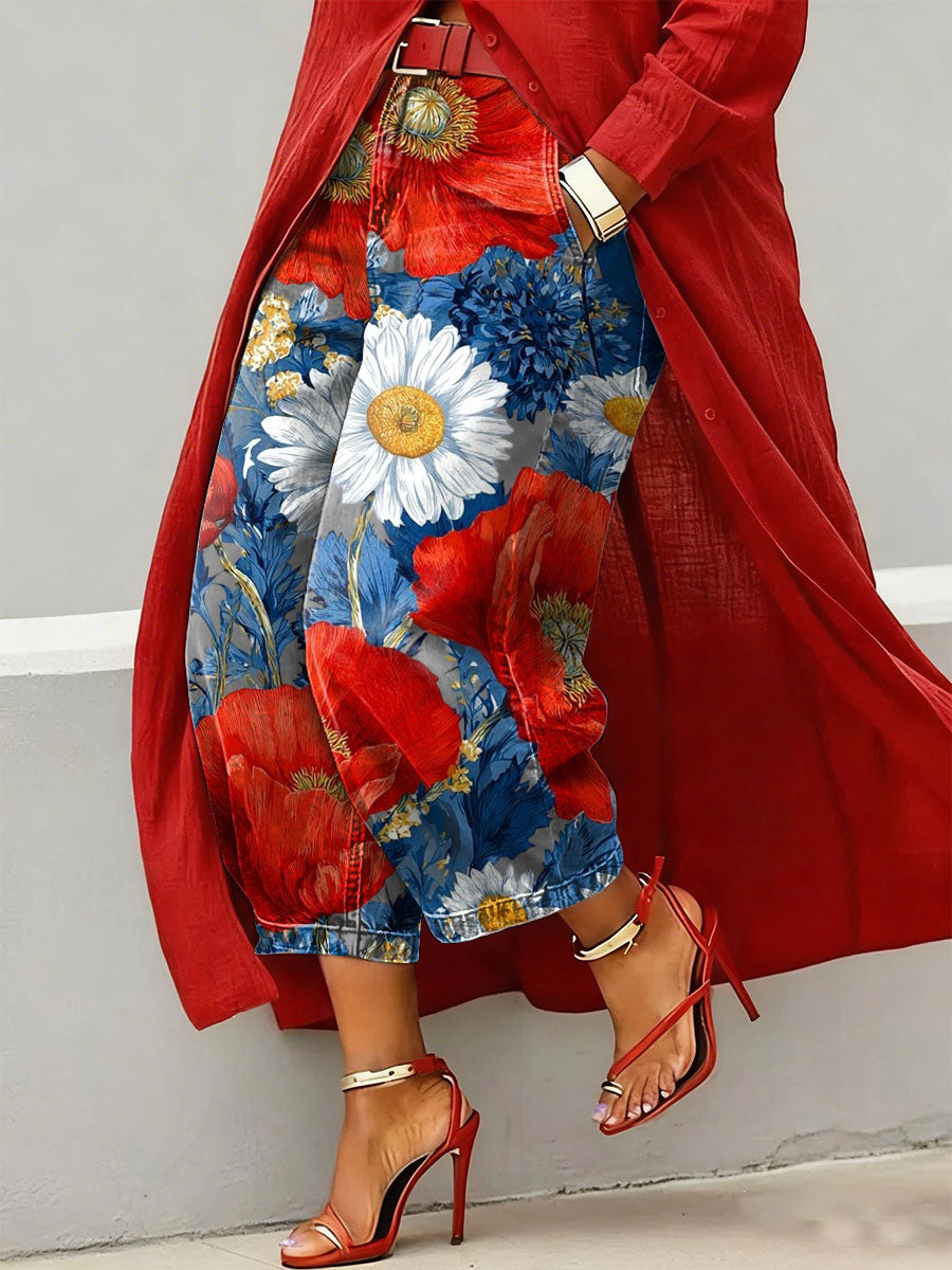Women's Vintage Flower Art Print Casual Jeans