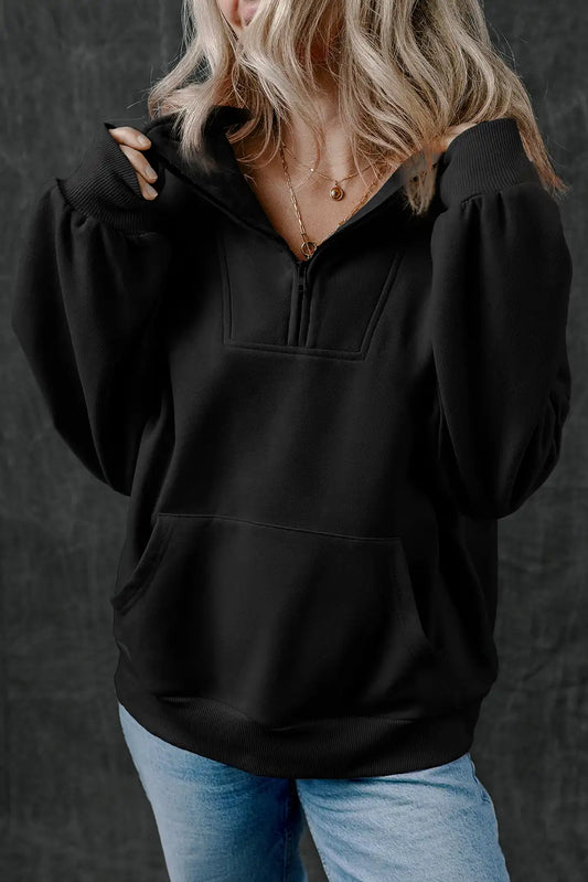 Women's Casual Black Zip up Stand Neck Sweatshirt