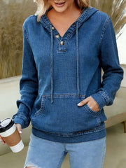 Women's V-neck Long-sleeved Casual Loose Denim Hooded Top