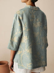 Women's Vintage Floral Art Print Casual Linen Cotton 3/4 Sleeve Shirt
