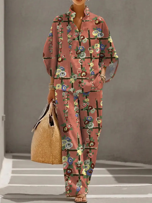 Women's Retro Floral Art Print Casual 3/4 Sleeve Top And Pants Cotton Linen Suits
