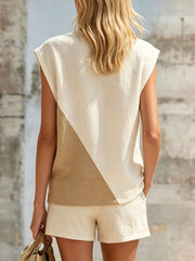 Women's Retro Color-block  Sleeveless Round Neck Cotton And Linen T-shirt And Shorts Set