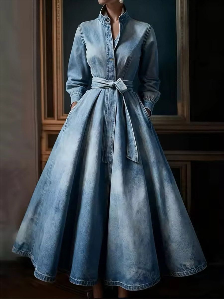 Women's Stand-collar Long-sleeved Casual Loose Denim Dress