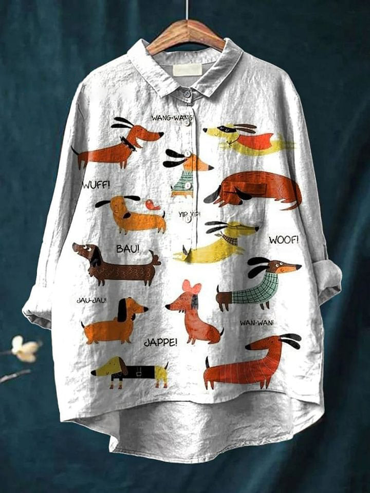 Women's  Dog Print Casual Cotton And Linen Shirt