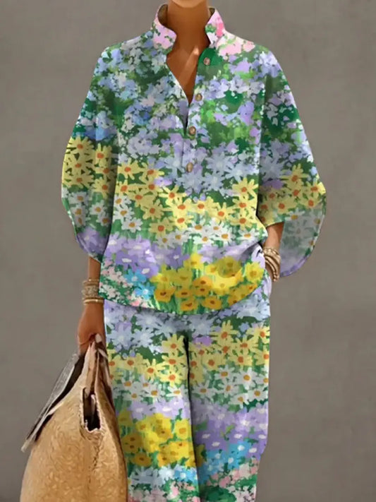 Women's Floral Art Print Casual 3/4 Sleeve Top And Pants Cotton Linen Suits