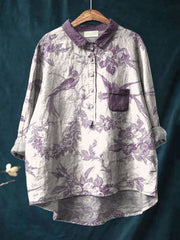 Realistic Style Purple Toned Floral and Bird Decorative Pattern Casual Cotton And Linen Shirt