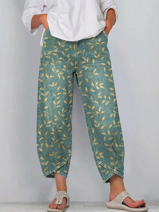 Women's Vintage Floral Pattern Art Print Casual  Denim Pants