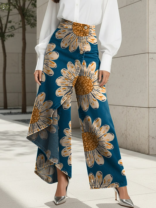 Women's Flowers Print High-waisted Relaxed Fit Wide-leg Jeans With A Stylish Design.