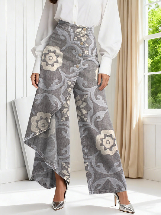 Women's Vintage Flower Patterns Print High-waisted Relaxed Fit Wide-leg Jeans With A Stylish Design