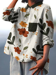 Green Leaf Colorful Flower Decorative Pattern Casual Cotton And Linen Shirt
