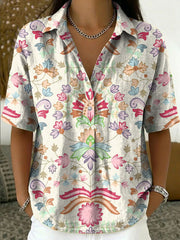 Women's Vintage Botanical Floral Casual Polo Collar Short-sleeved Linen And Cotton Shirt