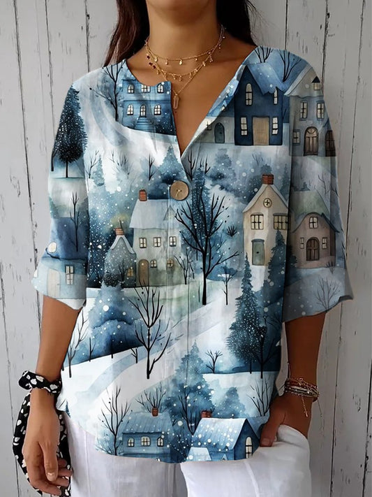 Women's Town Print Casual Cotton Linen Shirt