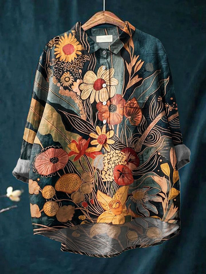 Women's Vintage Flower Art Print Casual Cotton And Linen Shirt