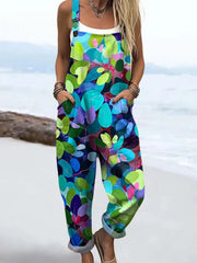Women's Lovely Floral Art Print Casual Cotton Linen Wide Leg Jumpsuit