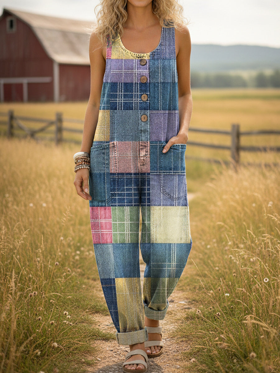 Women's Patchwork Plaid Print Casual Denim Jumpsuit