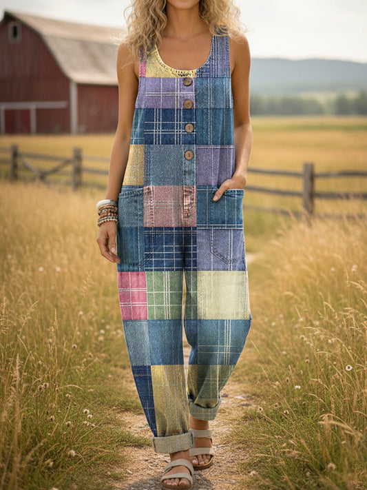 Women's Patchwork Plaid Print Casual Denim Jumpsuit