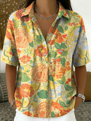 Women's Vintage Botanical Floral Casual Polo Collar Short-sleeved Linen And Cotton Shirt